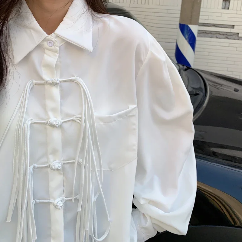 Estilo chinês retro botão borla camisas brancas moda feminina chique solto manga longa blusas primavera e verão novo