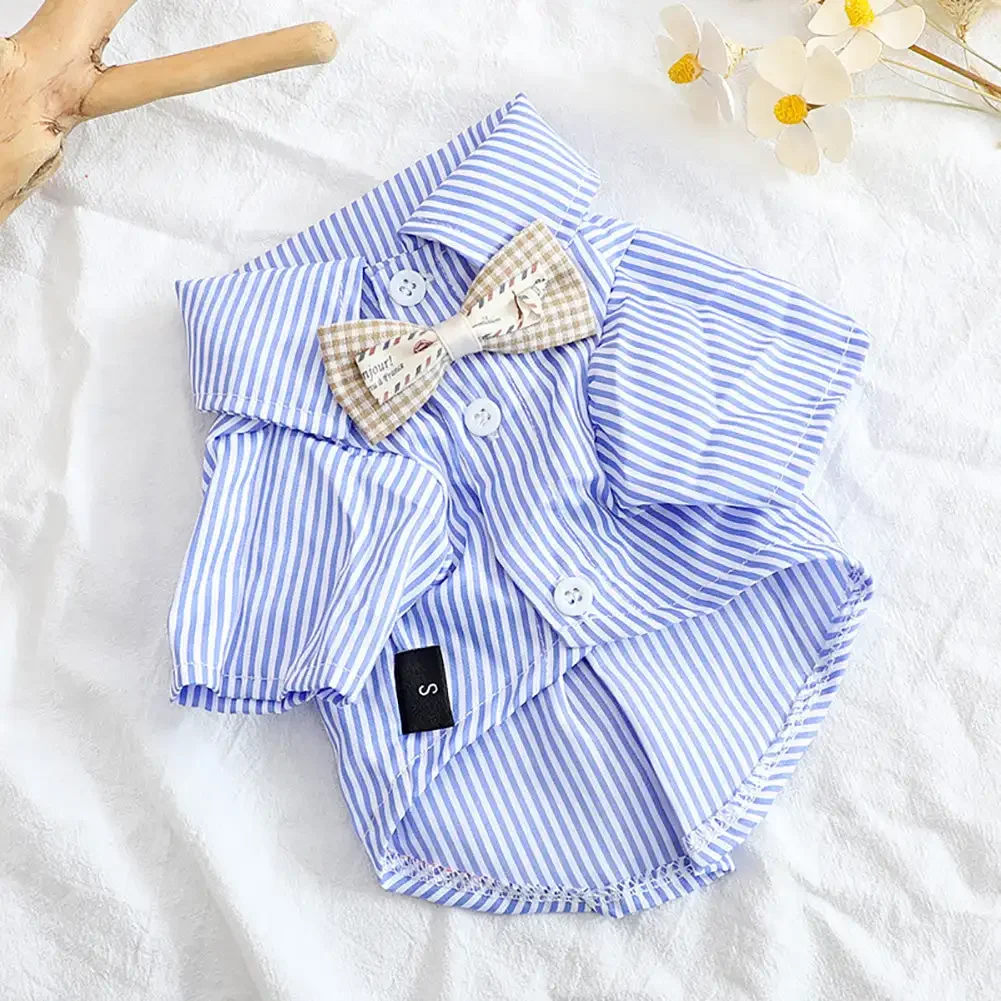 2024 Pet Dogs Clothing Cat Clothes Bowknot Striped Shirts for Small Thin Summer Blue Fashion Boy Girl Chihuahua Pet Products