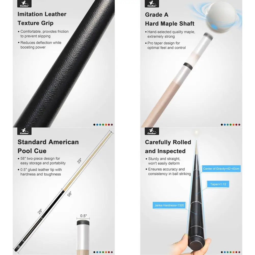 

Set of 2, 58-Inch Adult Pool Cues with 13mm Tips and Faux Leather Grips, Billiard Sticks in 2 Weights for Home or Bar Play