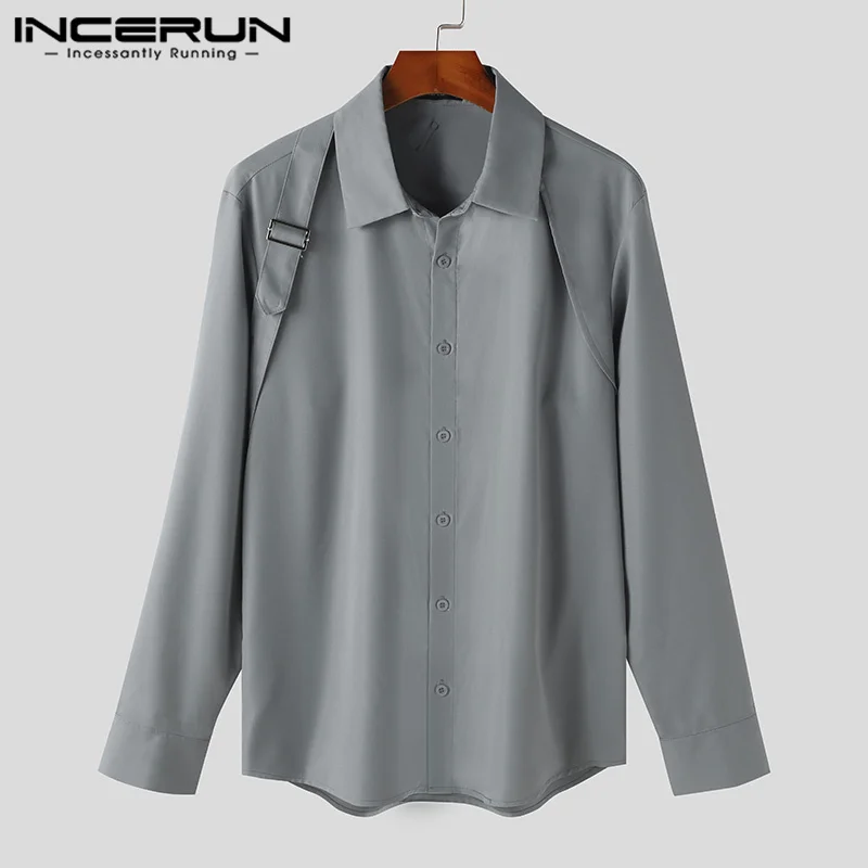 INCERUN Men\'s Shirt Solid Color Lapel Long Sleeve Streetwear Casual Men Clothing 2024 Fitness Fashion Business Leisure Shirts