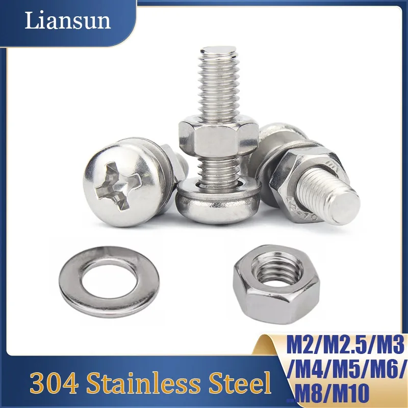 Round Head Cross Bolt Nuts And Washers Sets M2 M2.5 M3 M4 M5 M6 M8 M10 Stainless Steel Screws Nuts Fasteners Hardware Assortment