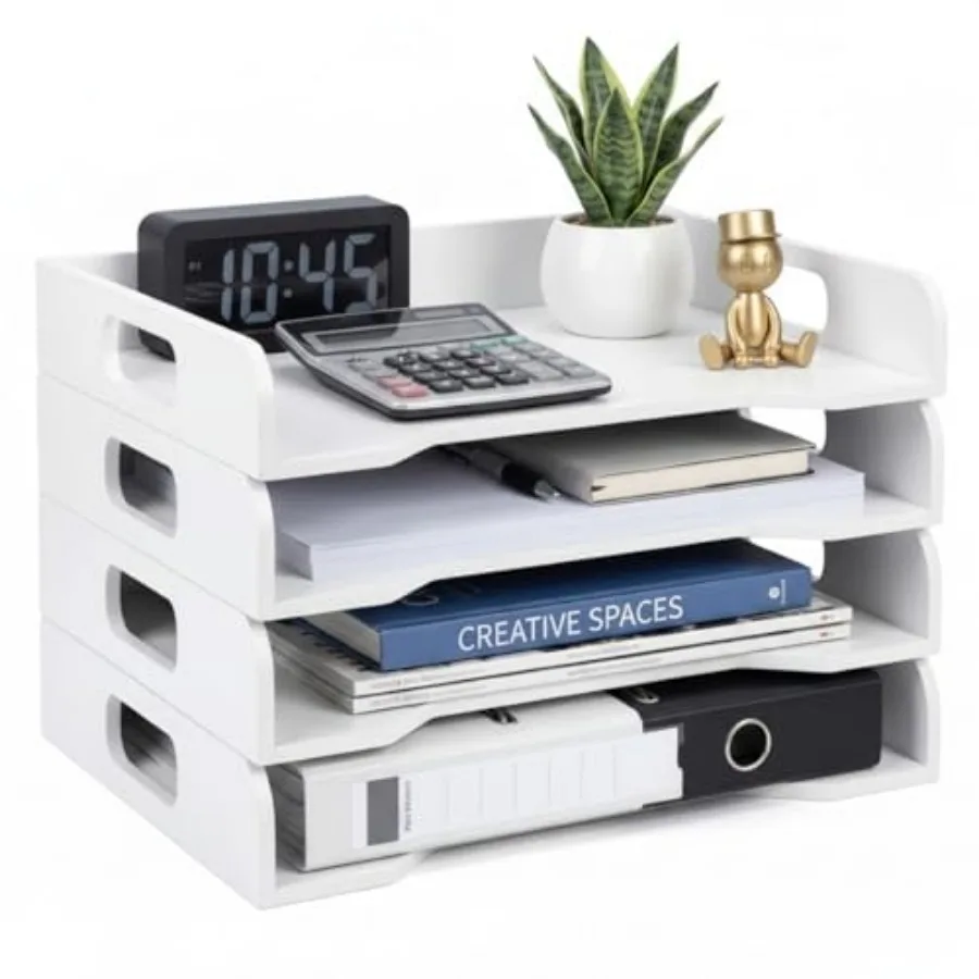 

Wooden Stackable Paper Trays 4-Tier Wooden Paper Organizer for Desk Letter Documents Woodens Desktop File Organizers for Deskto