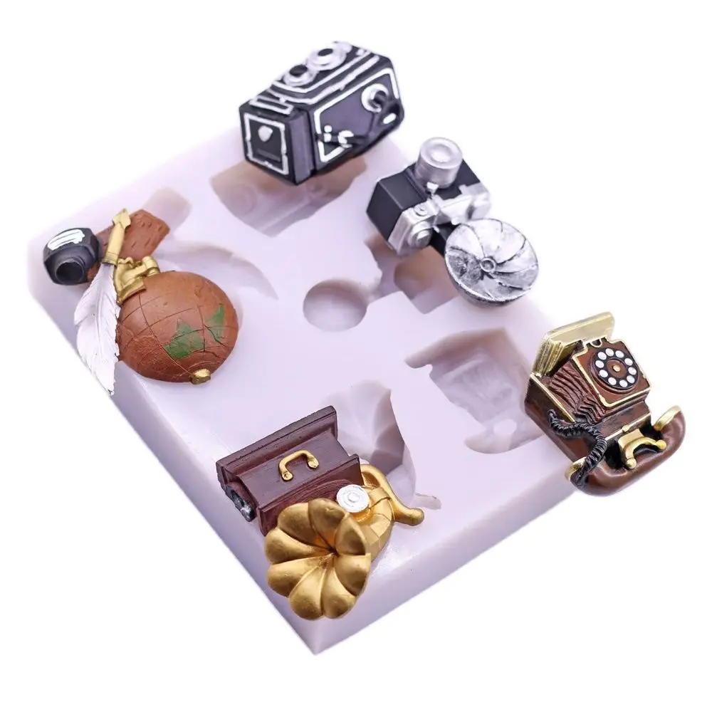 Vintage Nostalgia Silicone Mold Phonograph Telephone Camera Globe Chocolate Candy Mould for DIY Cake Decor Fondant Sugarcraft To