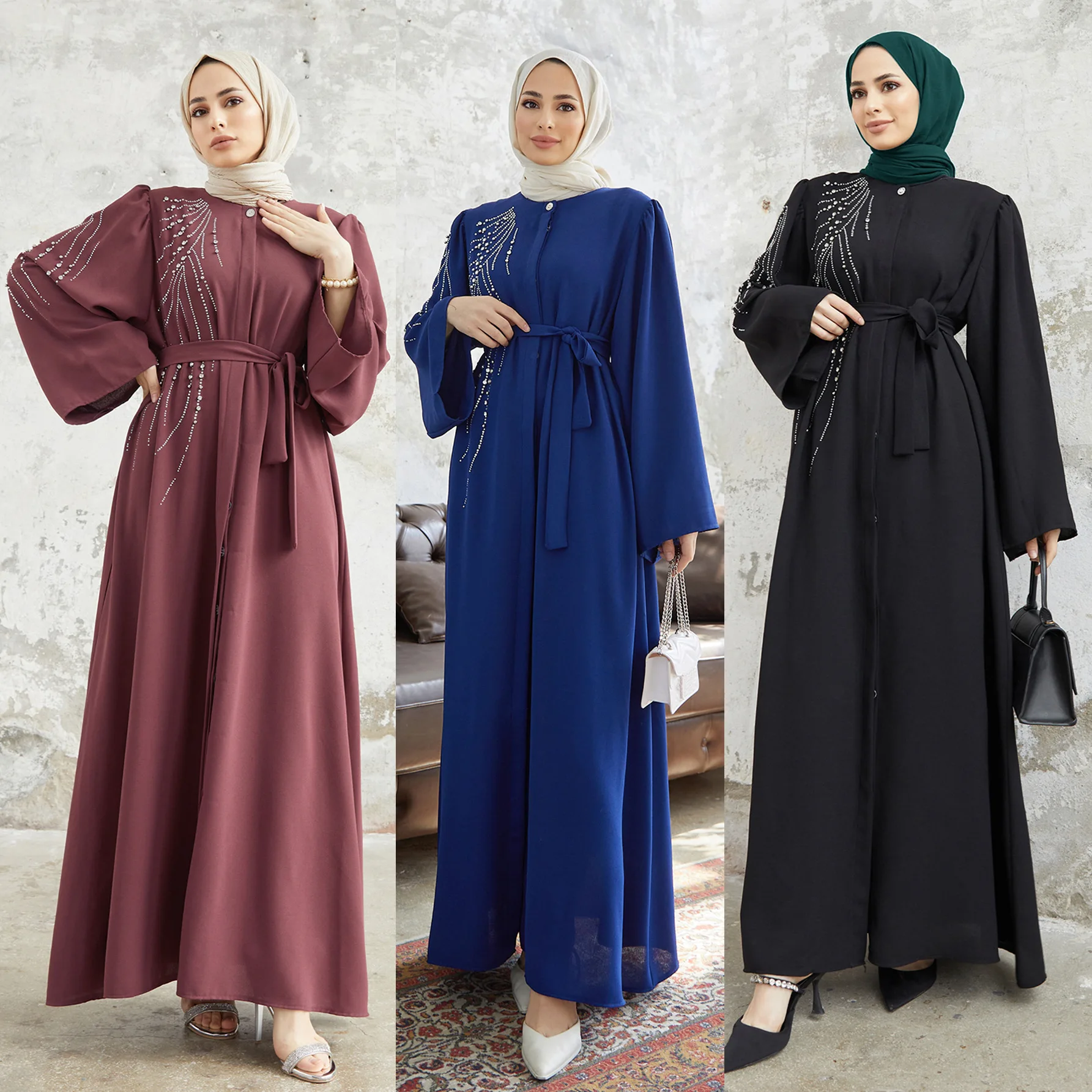 

Middle East 2024 Ramadan Diamonds Abayas for Women Muslim Belted Maxi Dress Dubai Turkey Kaftan Marocain Femme Caftan Jalabiya