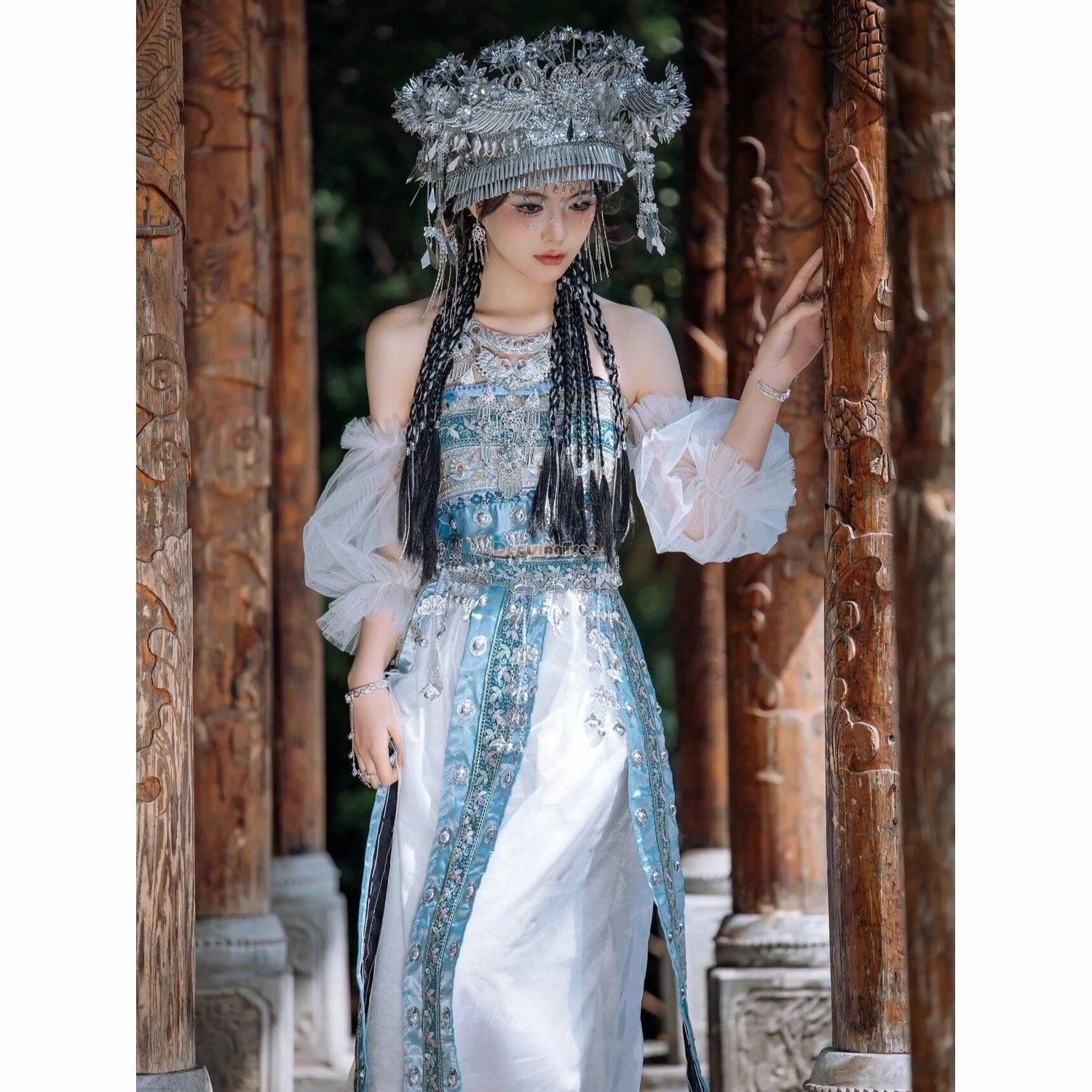 2024 chinese xishuangbanna hani ethnic girl hanfu elf princess sweet fairy temperament garment travel photography 5-piece set