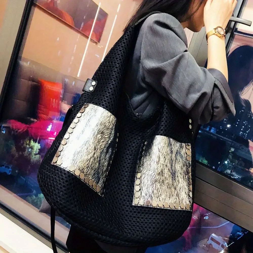 Women\'s fashionable retro mesh patchwork cowhide tote bag with large capacity single shoulder crossbody carrying bag