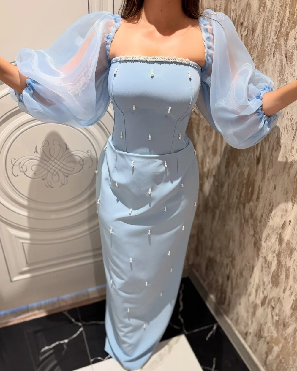 

Customized Classic Jersey Pearl Pleat Straight Strapless Long Dresses Bespoke Occasion Dresses Retro Fashion Elegant Exquisite