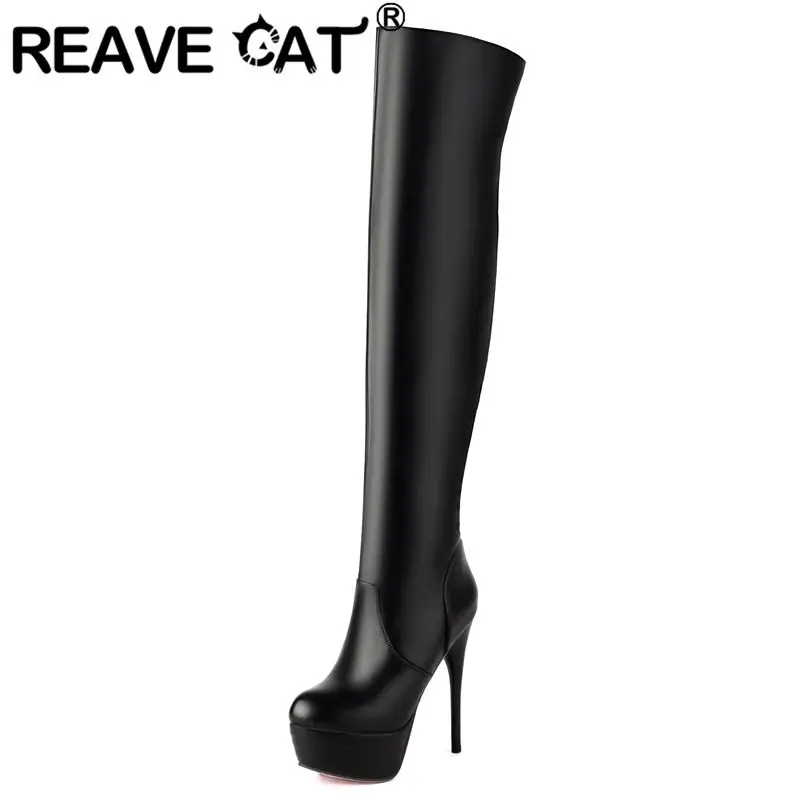 REAVE CAT Sexy Women Thigh Boots Round Toe Stiletto 12cm Platform Zipper Large Size 44 45 46 Party Club Dancing Stretch Booties