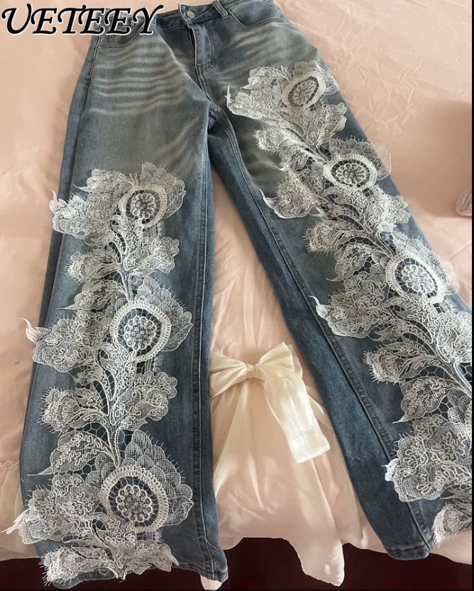 

European Station Spring Autumn New Splicing Hollow Denim Pants Embroidery Lace Mesh High Waist Skinny Straight Jeans Trousers