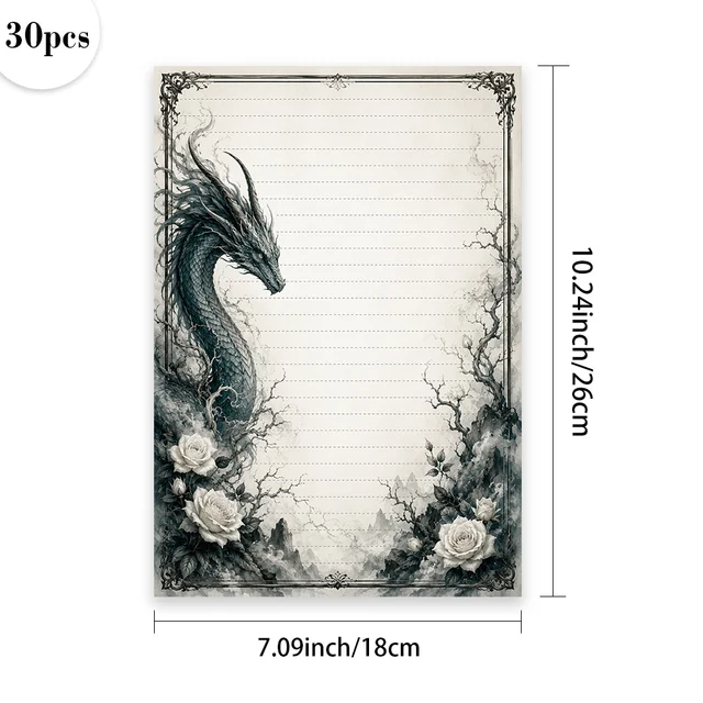 30 Sheets, B5 Dark Vintage Dragon And Rose Themed Writing Paper, Lined, No Glue, Perfect For Notebooks, Memos, And Stickers 2