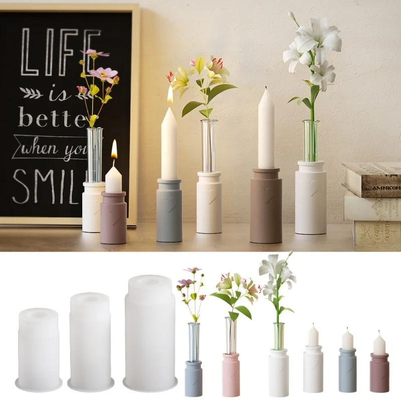 Creative Vase Silicone Mold DIY Heart Cylinder Candle Base Plaster Concrete Resin Molds Desktop Flower Arranger Crafts Decor