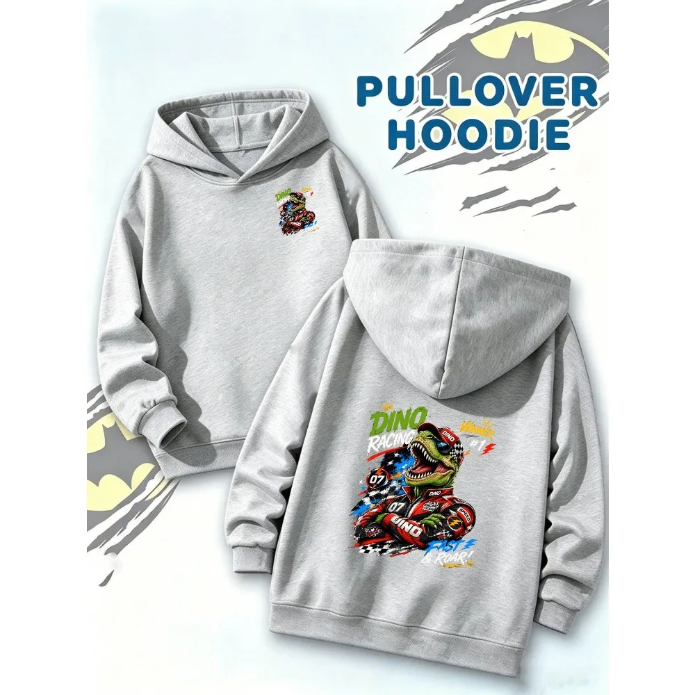 Korea Hot Dino Racing Racer T-Rex Graphic Hoodie Unisex Kids Casual Pullover Hooded Sweatshirt Loose Fit Autumn