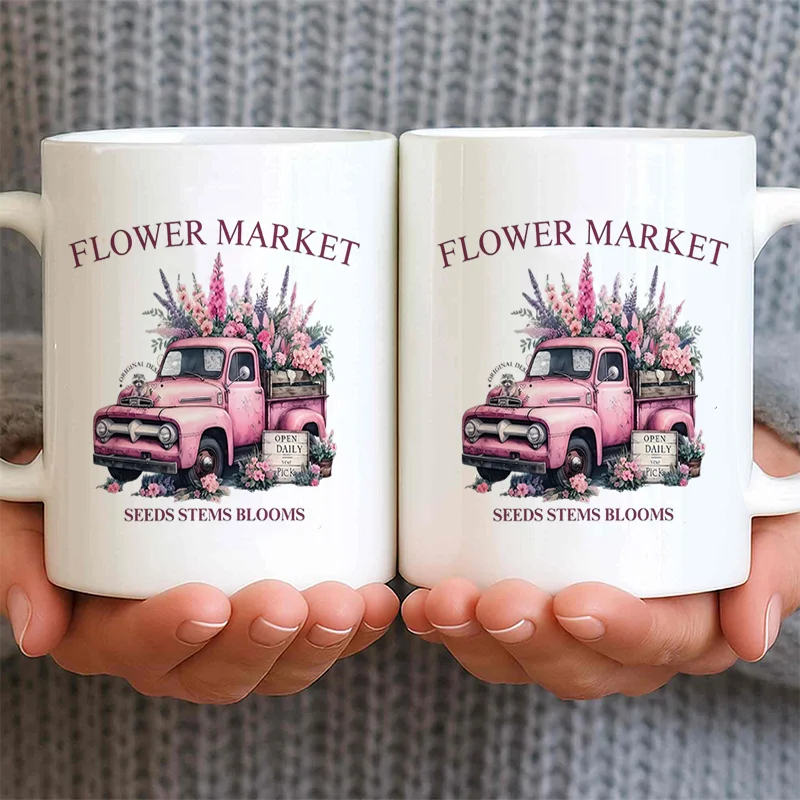 Vintage Pink Truck Flower Market Colorful Print Ceramic Coffee Mug 11oz 350ml Personalized Custom Mug Cute Aesthetic Mug Microwa