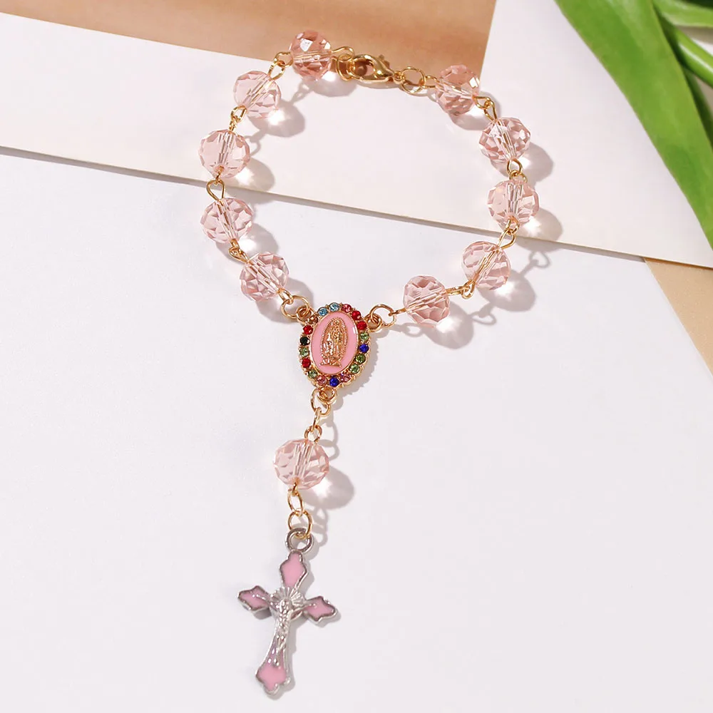 Pink Crystal Beads Catholic Rosary Bracelet Our Lady of Guadalupe Cross Pendant Religious Jewelry for Baptism Protection Jewelry