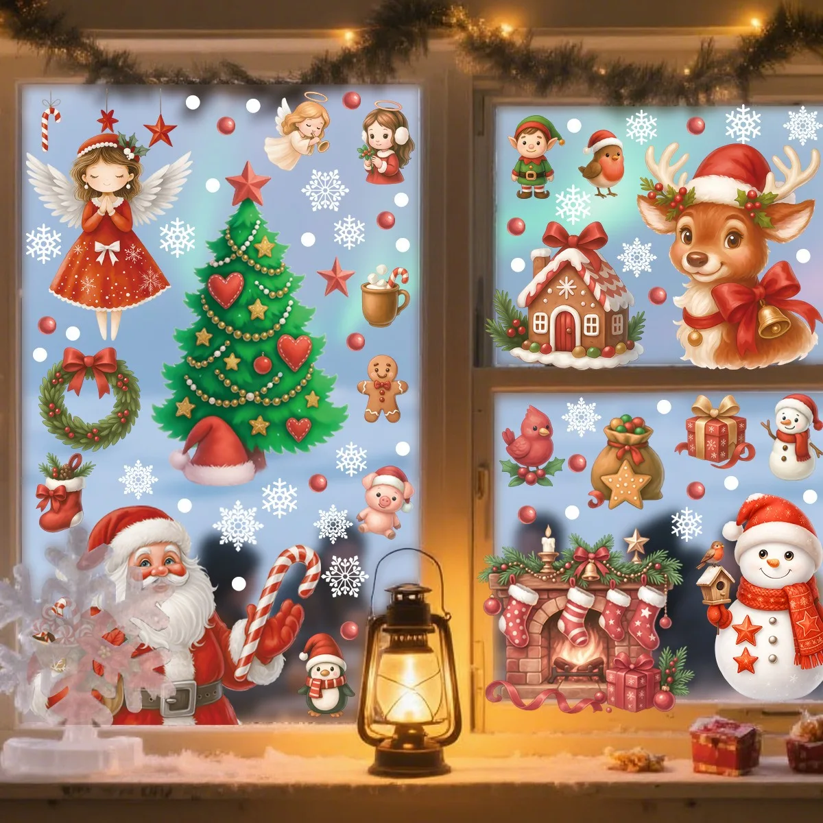 

Cartoon Reindeer Snowman Snowflake Window Stickers Xmas Electrostatic Stickers Merry Christmas Decor Noel Happy New Year