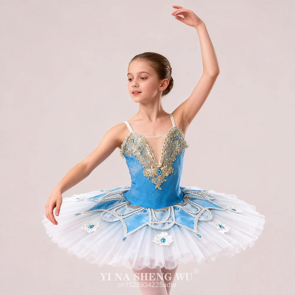 Hellblaues Ballett-Wettbewerbskostüm mit Farbverlauf, individuelles blaues Vogel-Variations-Tutu-Kleid für Damen