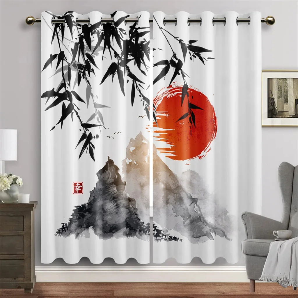 Chinese Traditional Ink Paint Landscape Window Curtain Blinds For Living Room Kids Bedroom Bathroom Kicthen Door Home Decor2Pcs