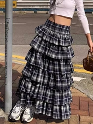 Zoki Vintage Plaid Cake Long Skirts Women High Waist Casual Korean Skirt Streetwear Retro Design Female Spring Y2K Skirts New
