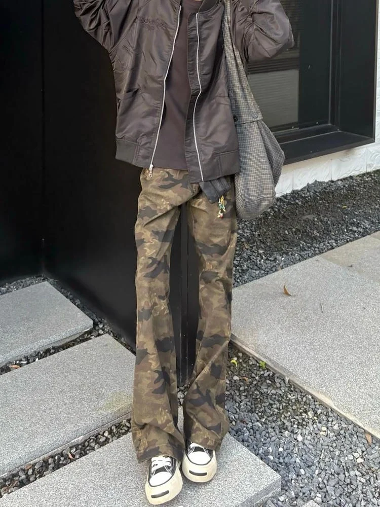 

Slimming Camouflage Pants Straight Leg Bell Bottoms American Vibe Retro Men's Simple Match Long Jeans School Casual Commuting
