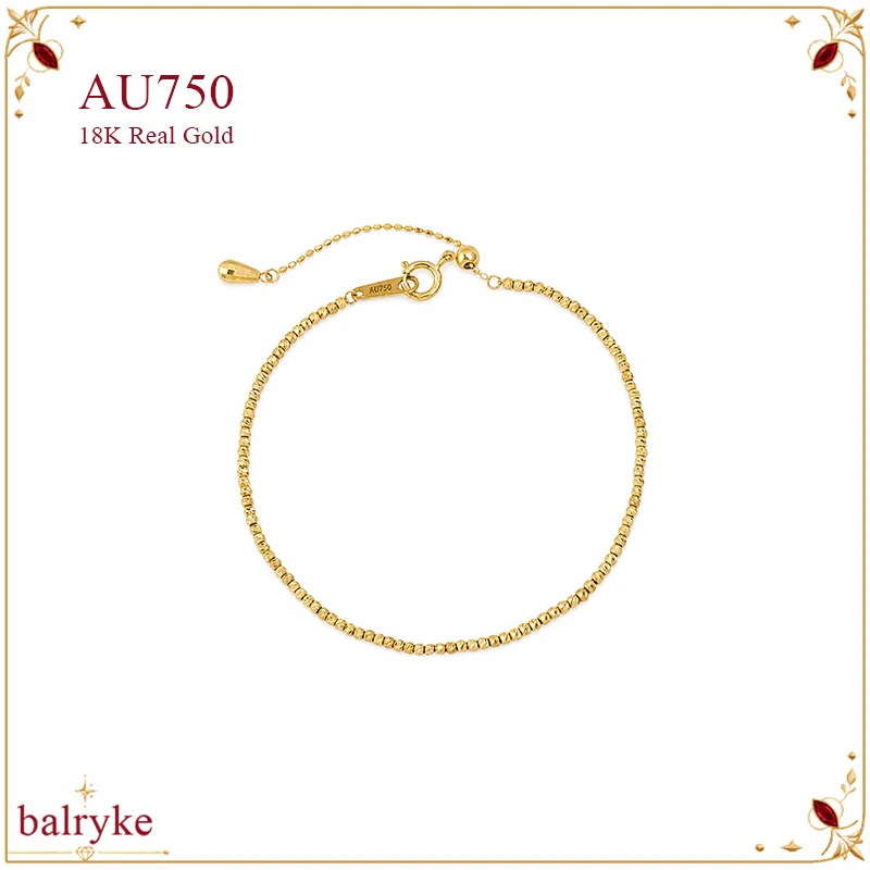 Real 18K Gold Twisted Bead Bracelet AU750  for Women 1.2mm Adjustable 18cm Fine Jewelry Gift Yellow Rose White Gold