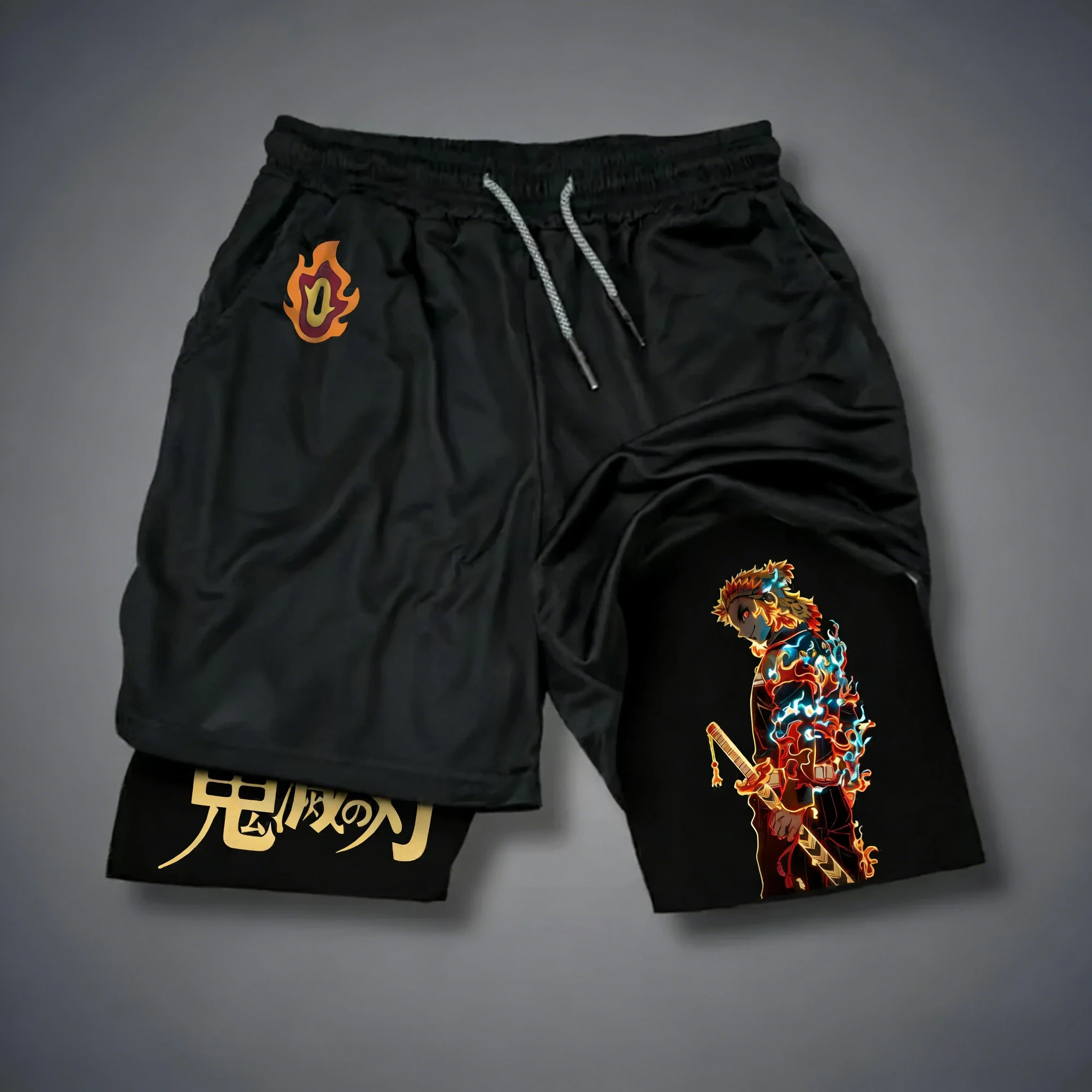 

2026 Demon Slayer мужские двойные шорты Rengoku Kyoujurou с принтом японского аниме в стиле летние поддельные двухсекционные быстросохнущие шорты
