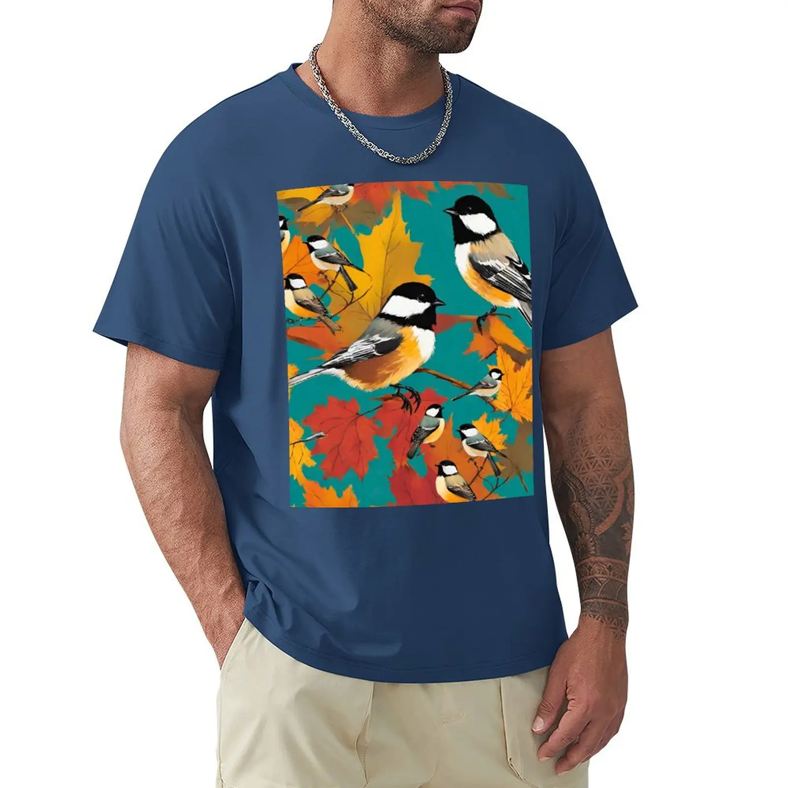 Chickadees in Autumn Day T-shirt boys animal print summer tops heavyweights cute clothes fitted t shirts for men