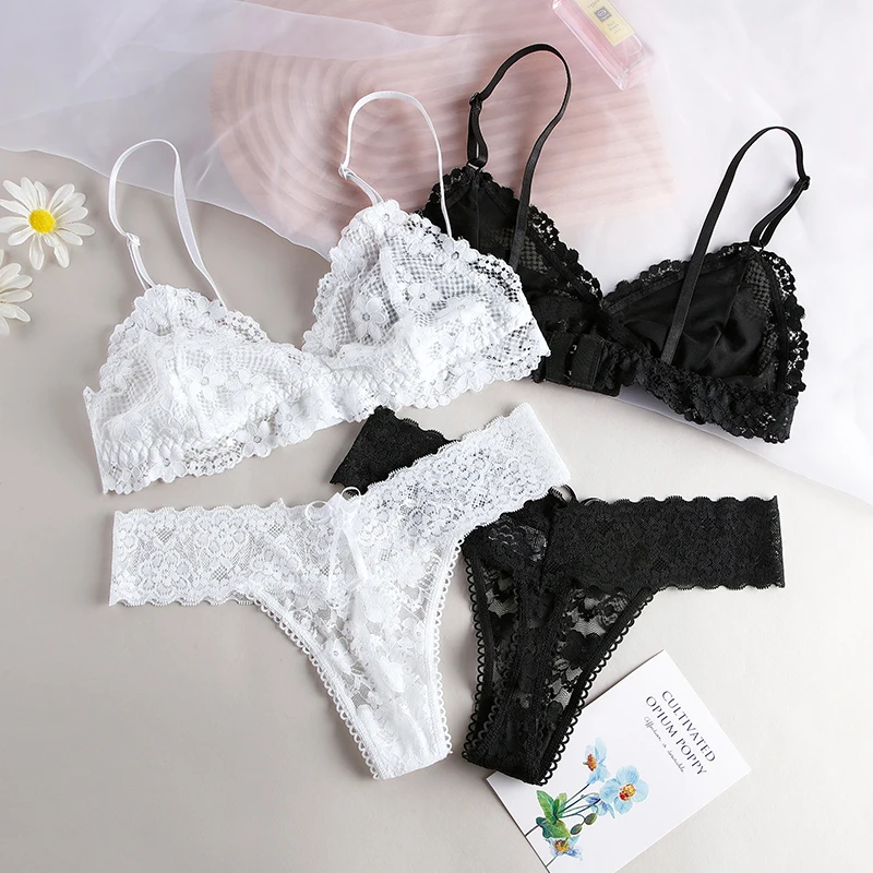 1Set Women\'s Lingerie Lace Sexy Transparent Bra Thongs Set Woman Underwear Bralette Tube Tops Bra Panties Suit For Lady BANNIROU