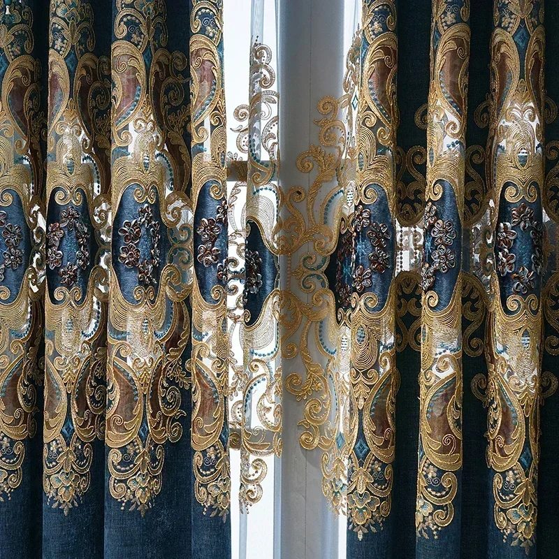 American style luxury embroidery chenille blackout curtain retro European style living room dining room bedroom valance curtain