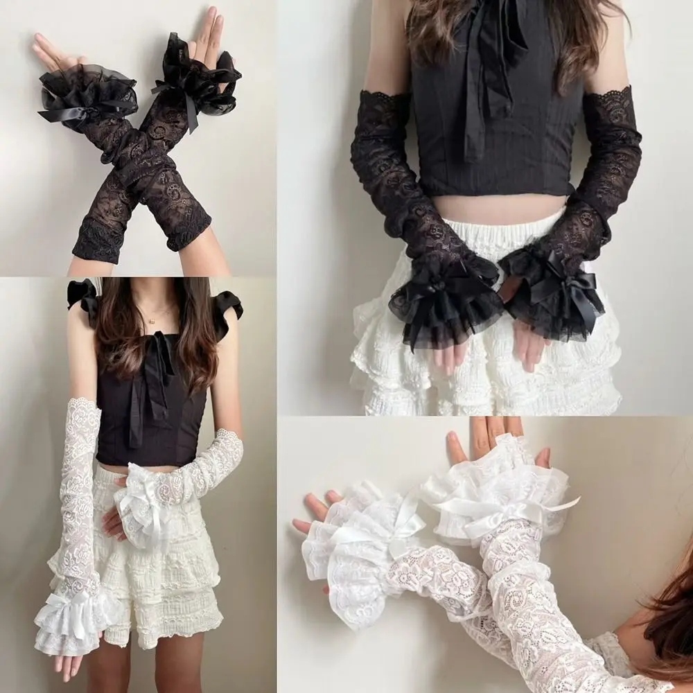Gants d'été Y2K avec nœud en dentelle, Protection UV, manches de bras en maille transparente douce, Style Fairycore, poignets longs pour femmes