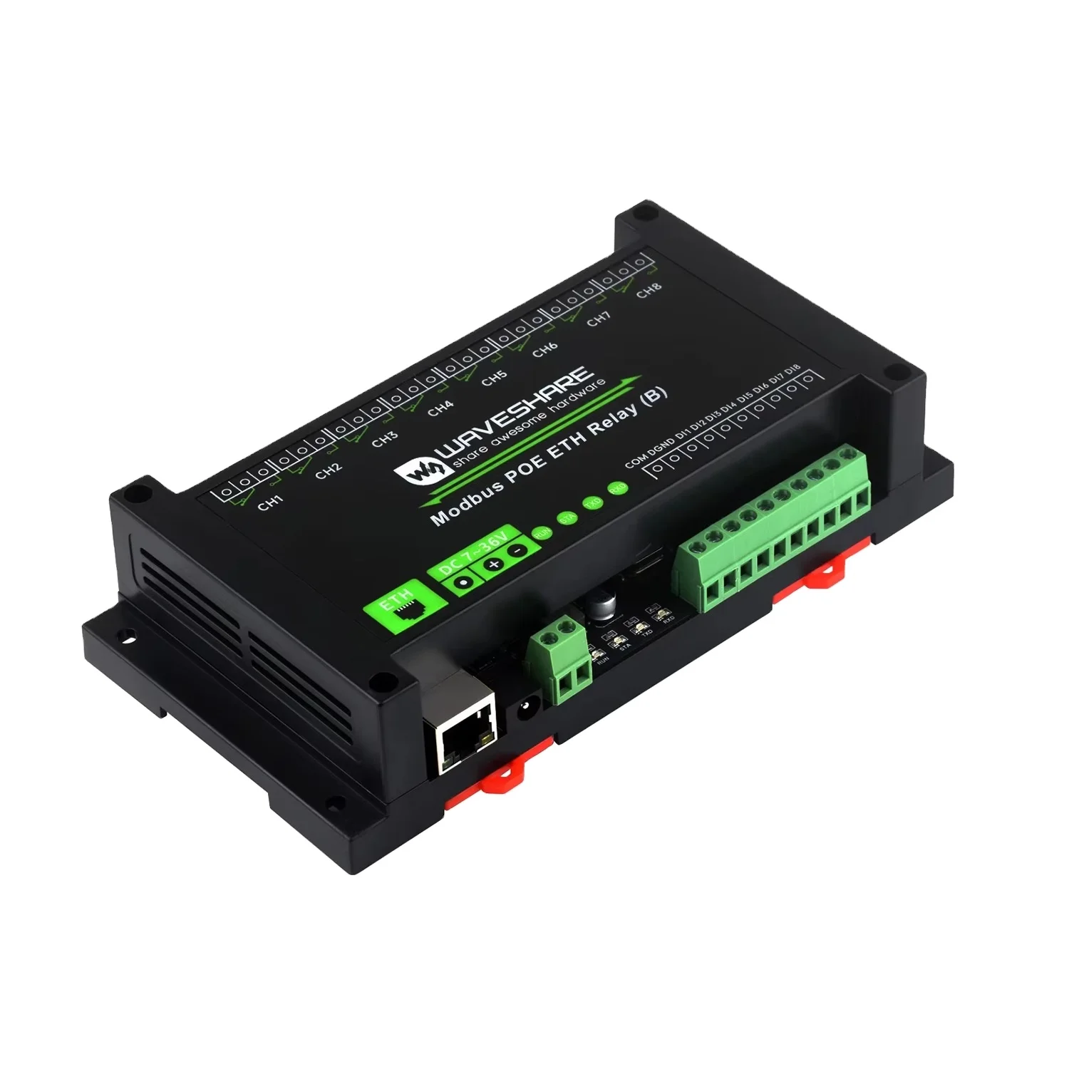 Modbus POE ETH Relay (B) Waveshare Digital Input Modbus RTU Modbus TCP Various Isolation PoE Port 8ch Ethernet Relay Module (B)