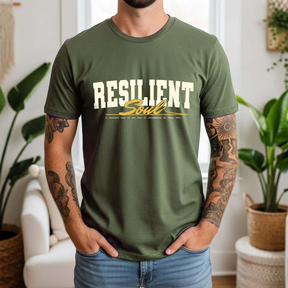 New Summer Men's 100% Cotton Short Sleeve T Shirt Inspirational Resilient Soul Slogan Print Breathable Vintage Casual Daily Tees