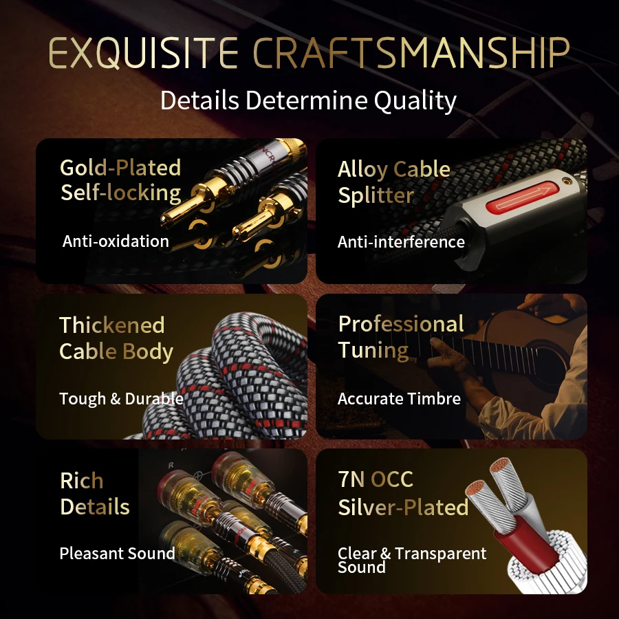 QINCROWN Premium Audiophile Speaker Cable 7N Silver Plated OCC 24K Gold Self-Locking Banana Plug for HiFi Amp Turntable