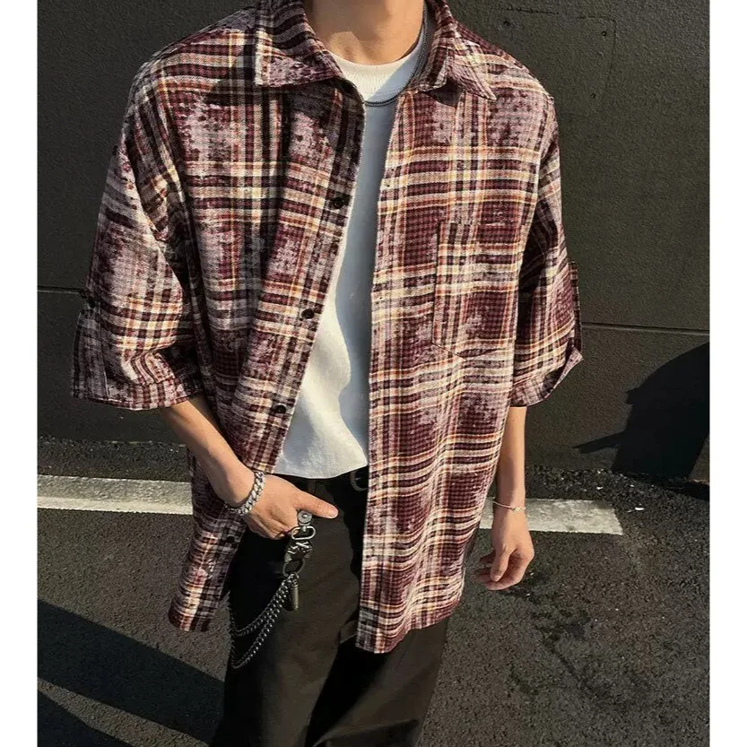 

Summer Large Size Men's Shirt Tie Dye Plaid Short Sleeve Casual Style Polyester Fiber Youthful Trendy Outerwear Jacket