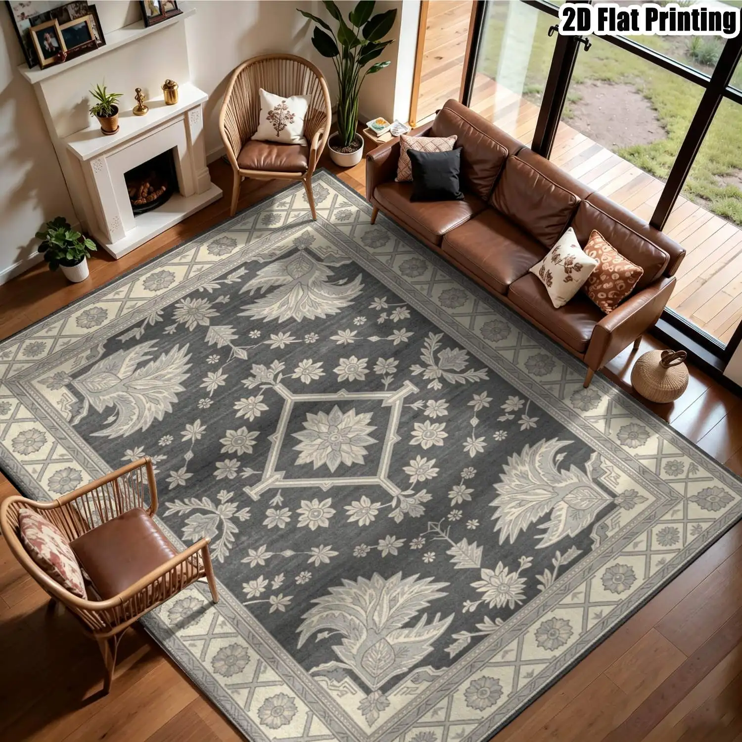 1Pc 2D Printed Carpet: Blue-Grey Floral Leaf Pattern, European Vintage Minimalist Geometric Style, Multi-Size, Machine Washable, Suitable for Entrance, Dining Room, Foyer, Bedroom, Living Room Home Decor