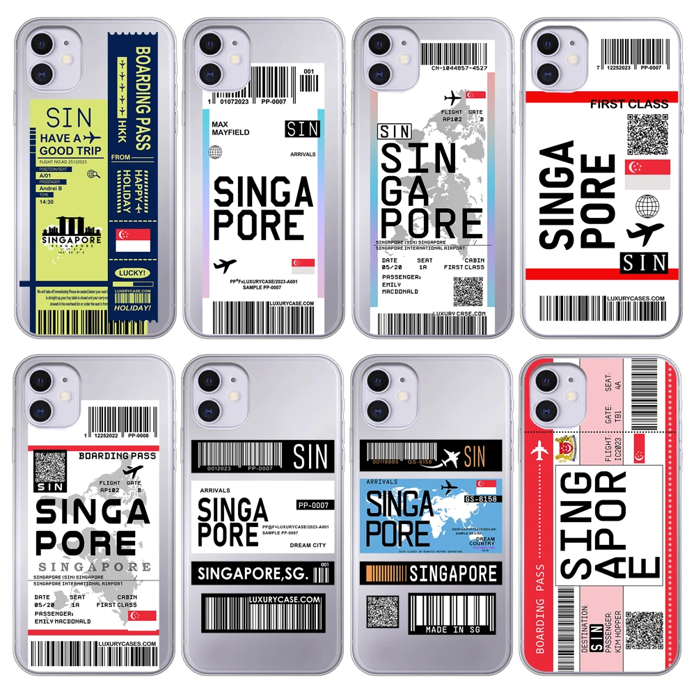 Singapore Map Flag Plane Travel Fly Ticket Cover Case for iPhone 15 14 Pro Max 13 12 11 Mini X XS XR 7 8 6S Plus SE