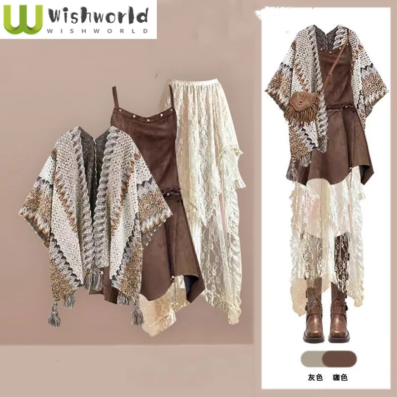 

Fashion Suit Women's Autumn and Winter New Korean Version Shoulder Top Irregular Dress Lace Skirt Three Piece Set