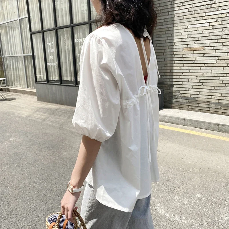 Summer Korean Harajuku Solid Color Women Tops Sexy Backless Fashion New Puff Sleeve Tee Shirts Femme Hemd Damen Vestidos Chemise