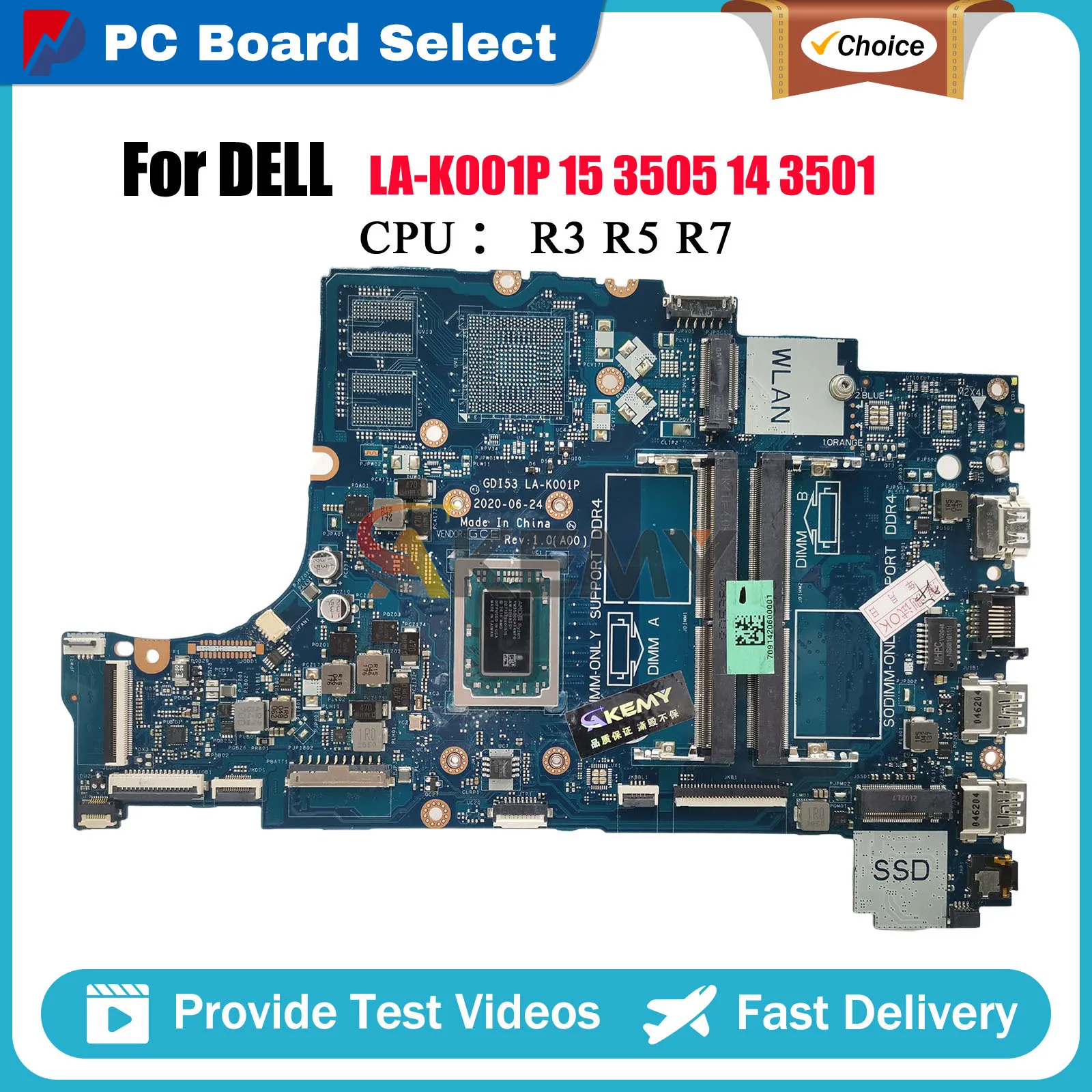 

Laptop Motherboard For Dell Inspiron 3505 LA-K001P with R5 R7 CPU 0GWD64 0P92W5 05HPX6 Tested OK
