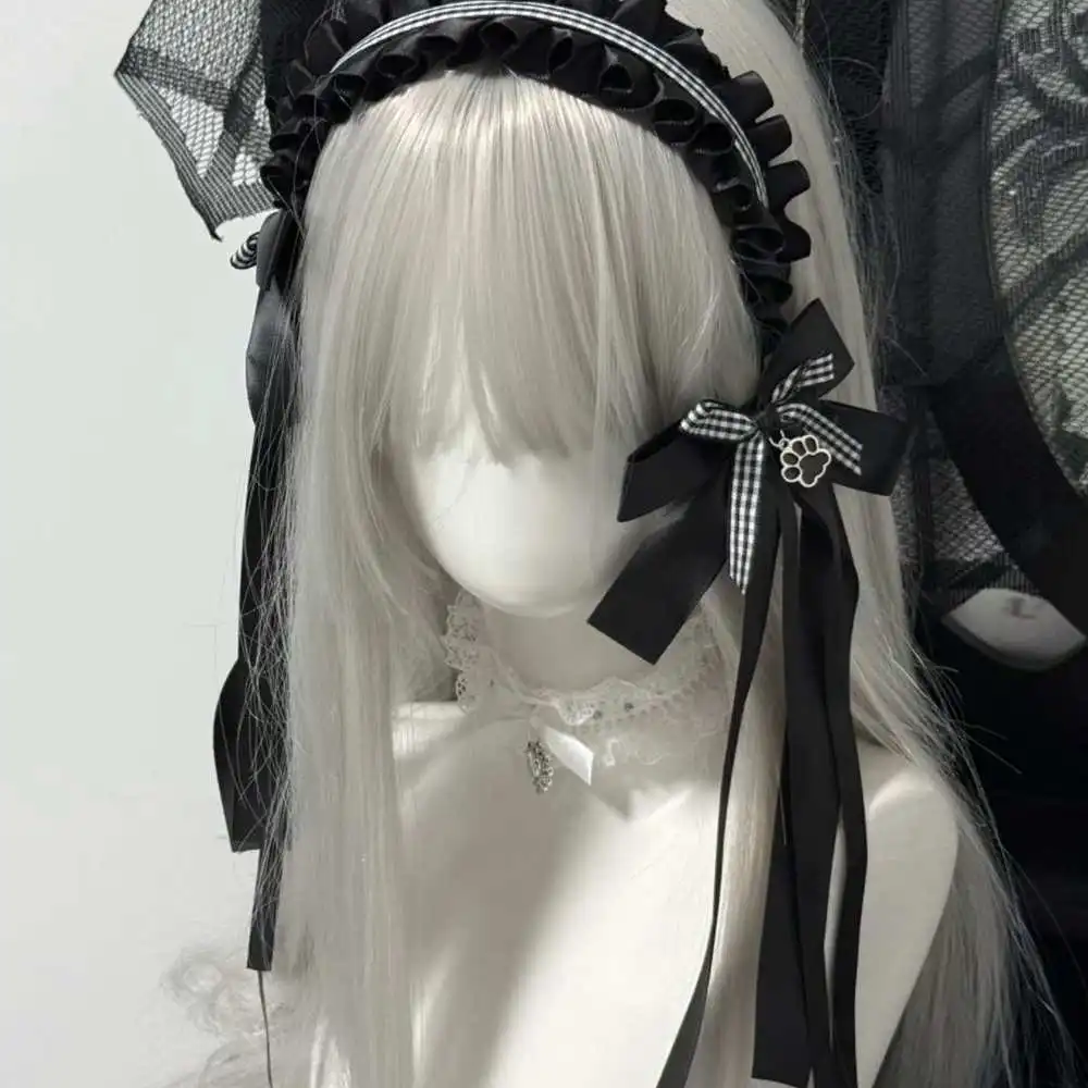 Black White Harajuku Lolita Lace Cat Paw Bow Hair Clip Headband Y2K Girl Subculture Gothic Headpiece KC Maid Cute Hair Accessory