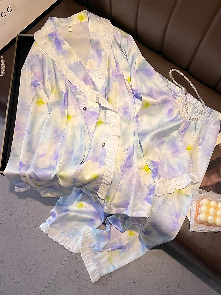 

New sleepwear long sleeved sweet and high-end mulberry silk home suit set