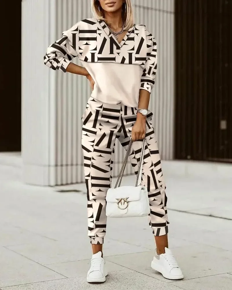 

Women Pants Set Two Piece Sets Tracksuit Letter Print Vintage Boho Shirt Autumn Holiday Streetwear Y2k Jogging Ensemble 2 Pièces