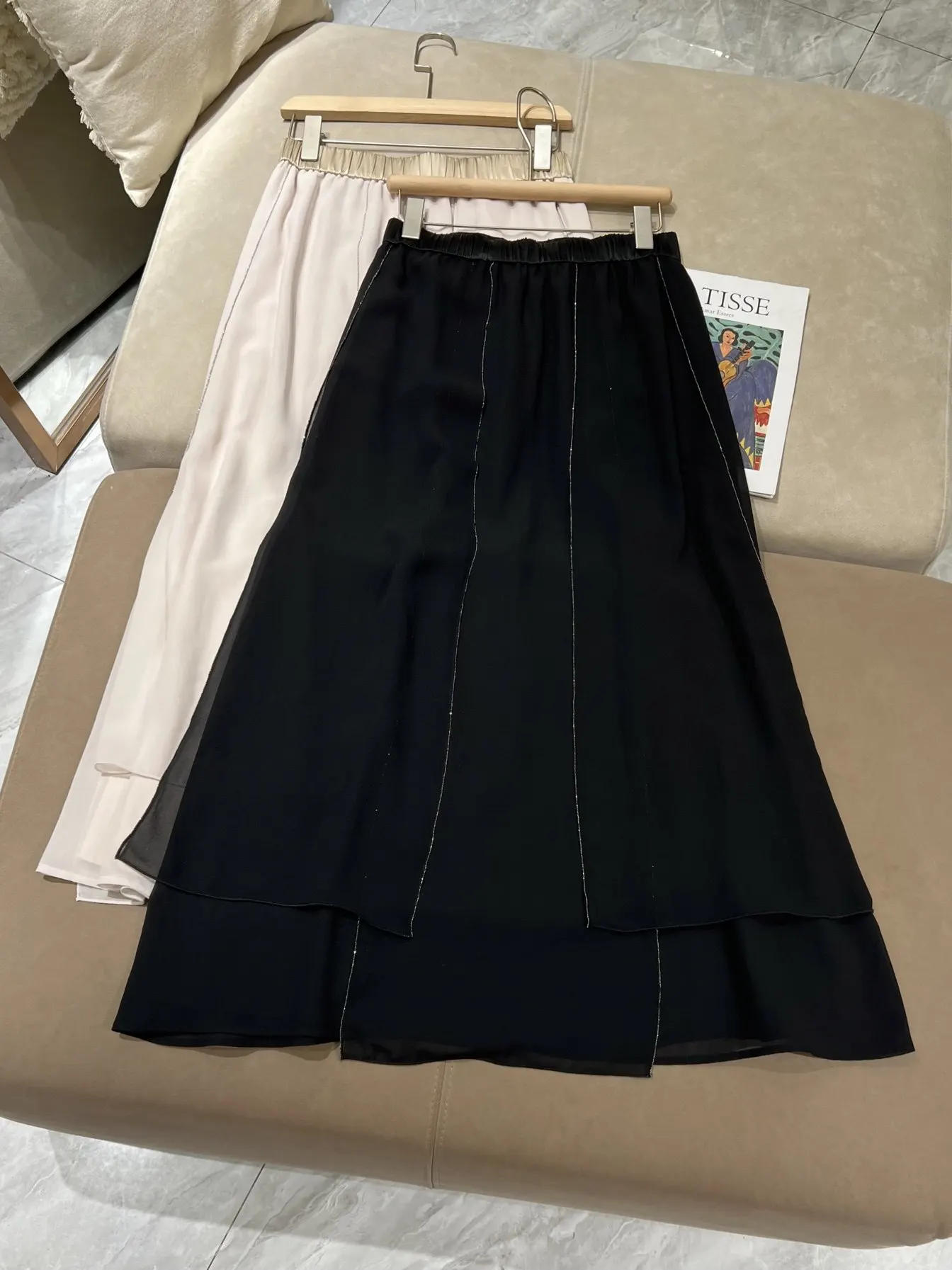 High Quality Split Silk Splicing A-line Mid Length Elastic Waist Skirt for Women Summer