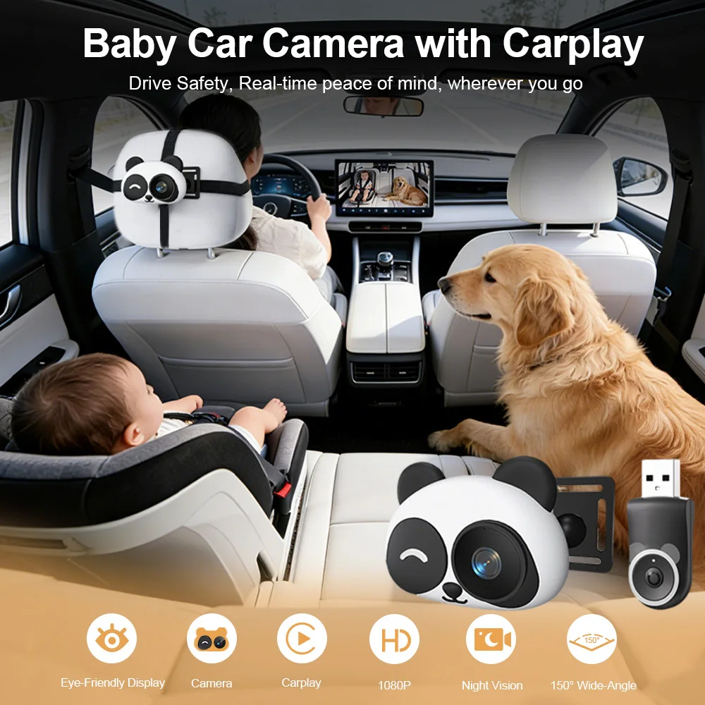 Wireless CarPlay Baby Monitor Camera Adapter Rearview InCar Infant Pet Monitor Wired-to-Wireless Box Plug&Play for Car Backseat