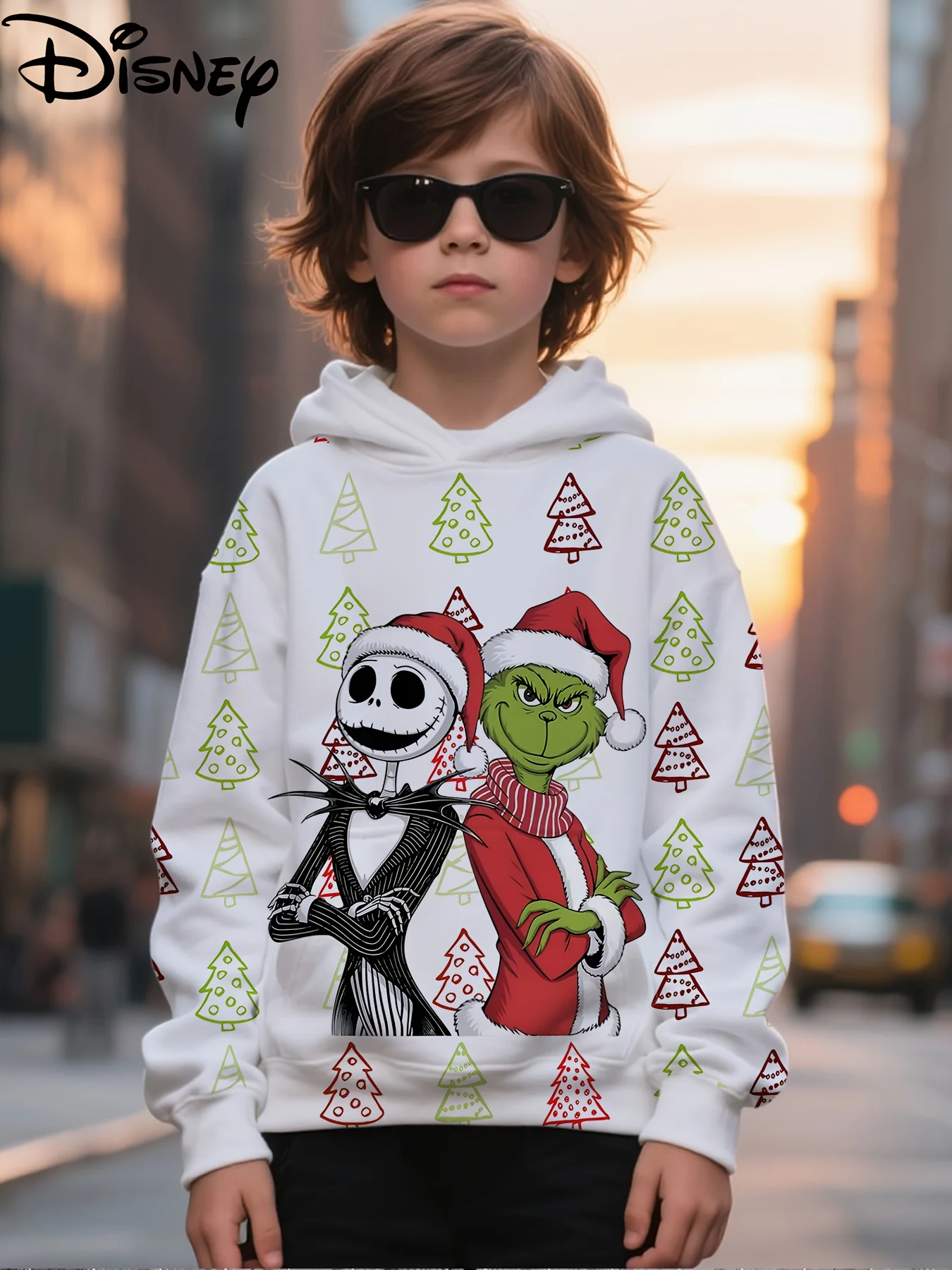 

Christmas Cross-Over Themed Boys' & Girls' Pocket Hoodie Jack Christmas Design with Full Print of Christmas Tree Elements