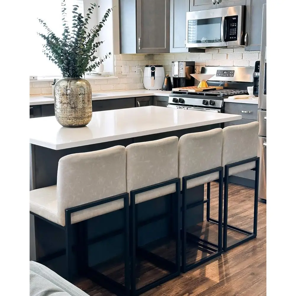 

Set of 4 Light Grey Counter Height Bar Stools, 24 Faux Leather Kitchen Chairs with Back Support