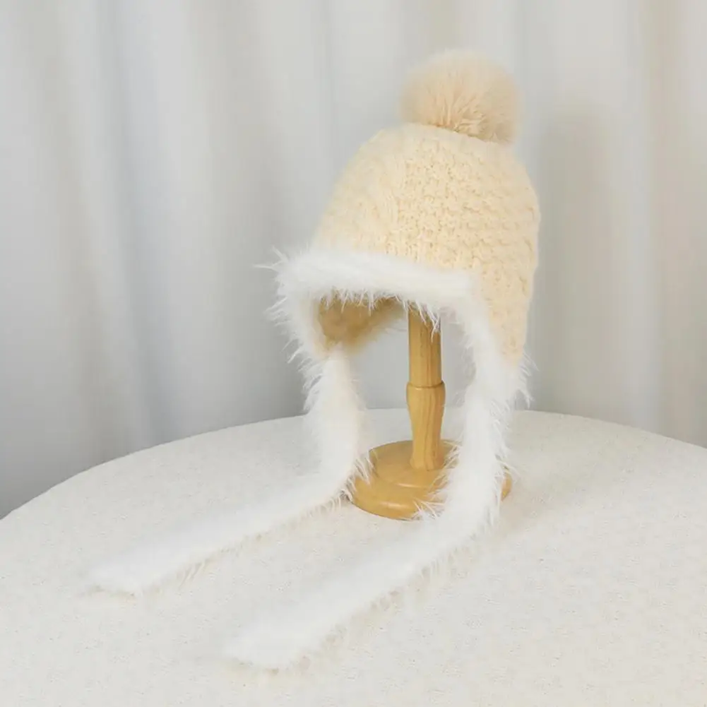 Warm Ear Protection Cap Women’s Knitted Earflap Hat with Fuzzy Trim Soft Warm Winter Pompom Outdoor Cycling Weather for Girls
