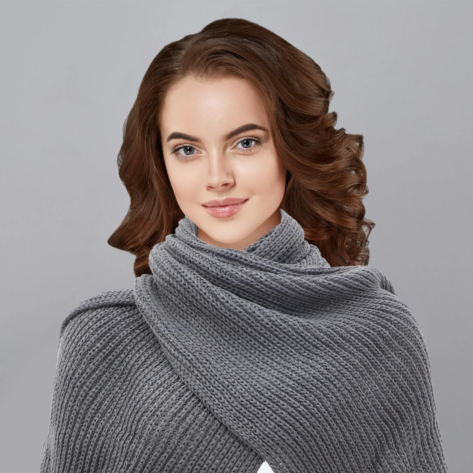 

Unisex Knitted Dark Grey Scarf Cape Shawl Long Sleeves Fashion Korean Style Soft Elastic Warm Autumn Winter Scarf with Sleeves