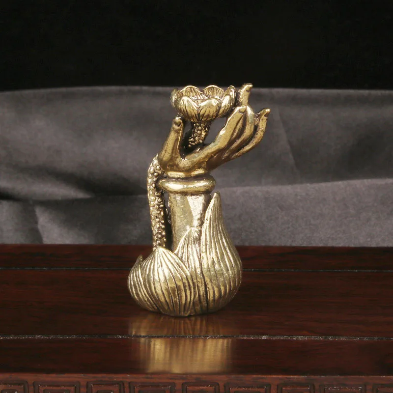 Vintage Brass Guanyin Lotus Buddha Hand Backflow Incense Burner Desktop Decor Zen Copper Craft Tea Pet Antique Collectible Ornam view 4