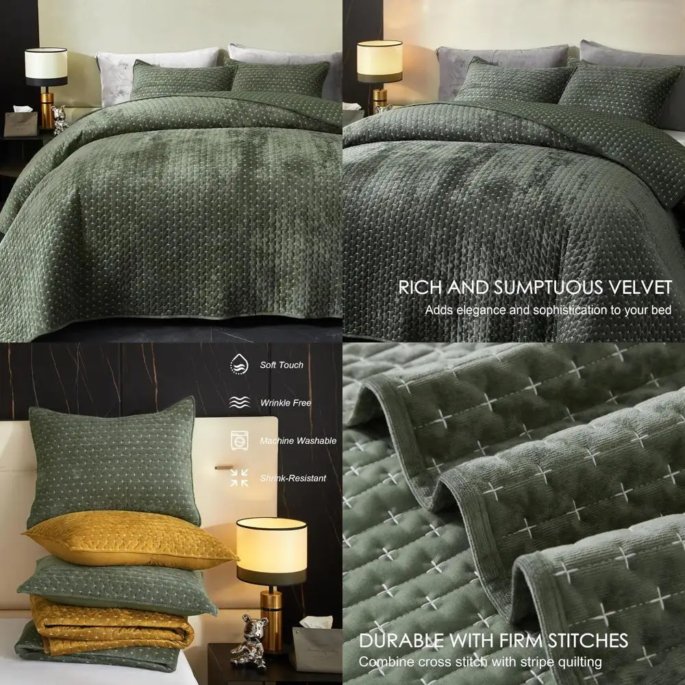 

Queen Size Velvet Quilt Bedding Set - Soft Lightweight Comforter for Year-Round Use