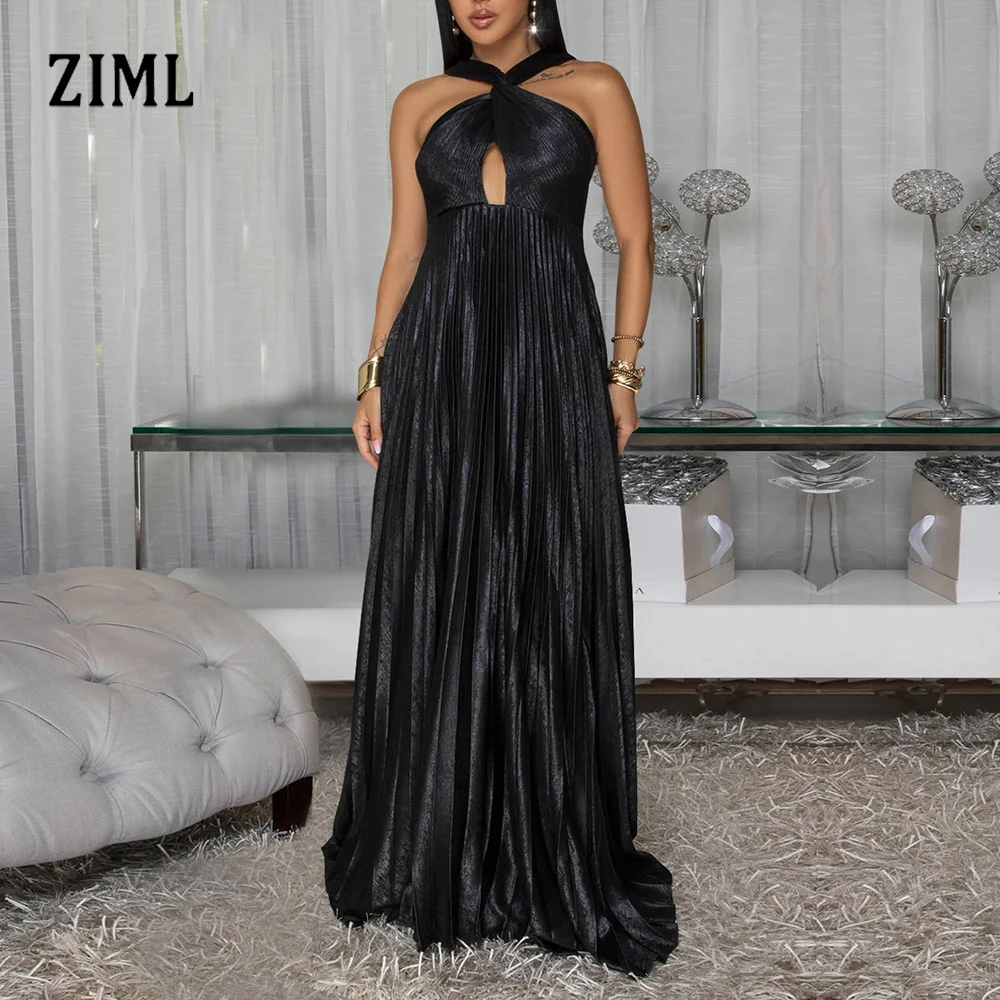 ZIML Solide Gespleißt Falten Aushöhlen Kleider für Frauen Rundhals Ärmellose Hohe Taille Temperament Kleid Weibliche Mode Stil